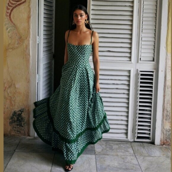 Green/White Checkmate Checkered Maxi Pleated Dress - Picture 6 of 16